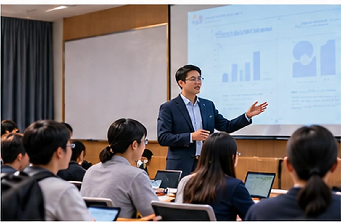 Students discussing analytical work in a management classroom