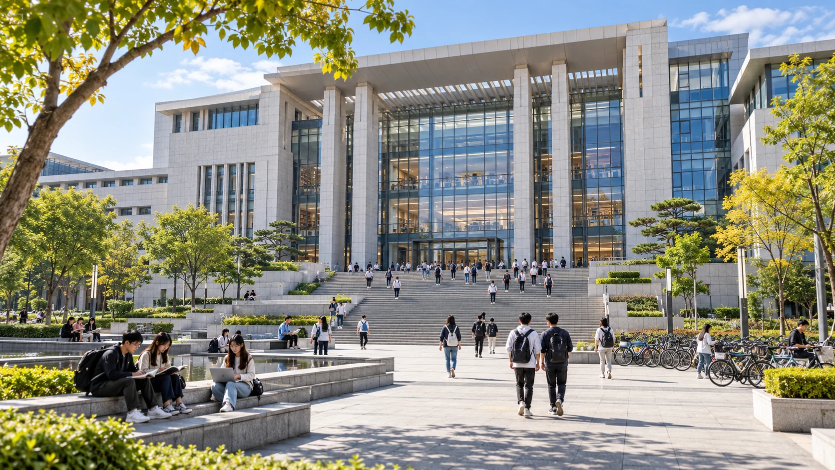 Modern university library entrance and study plaza