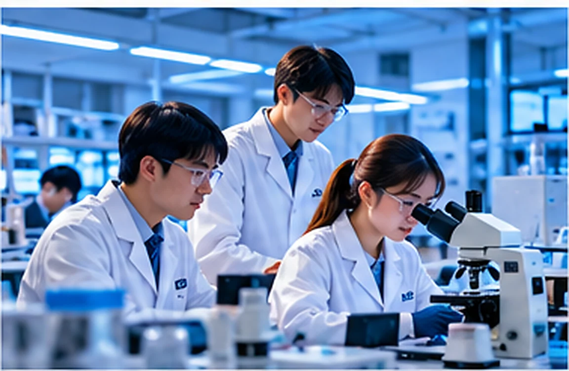 Scientists collaborating at laboratory microscopes