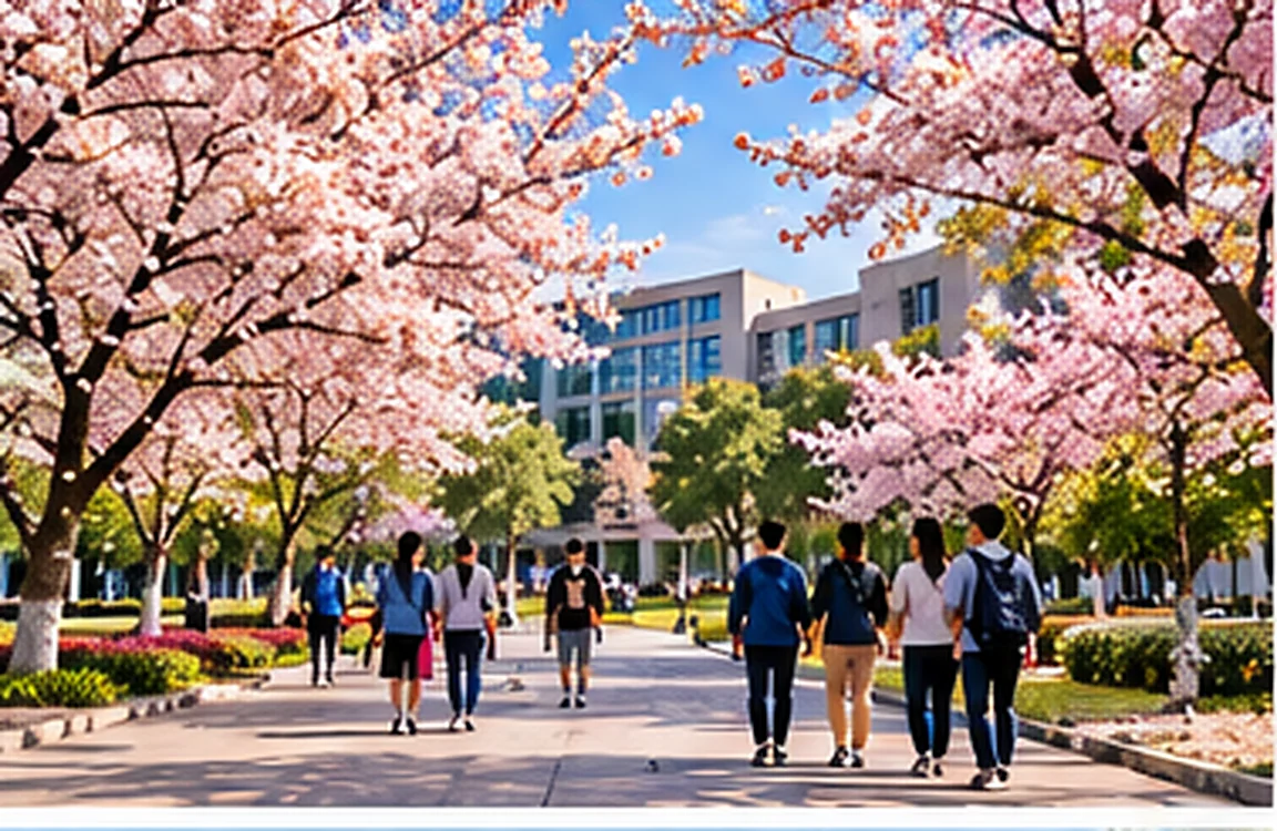 Students walking together under flowering trees