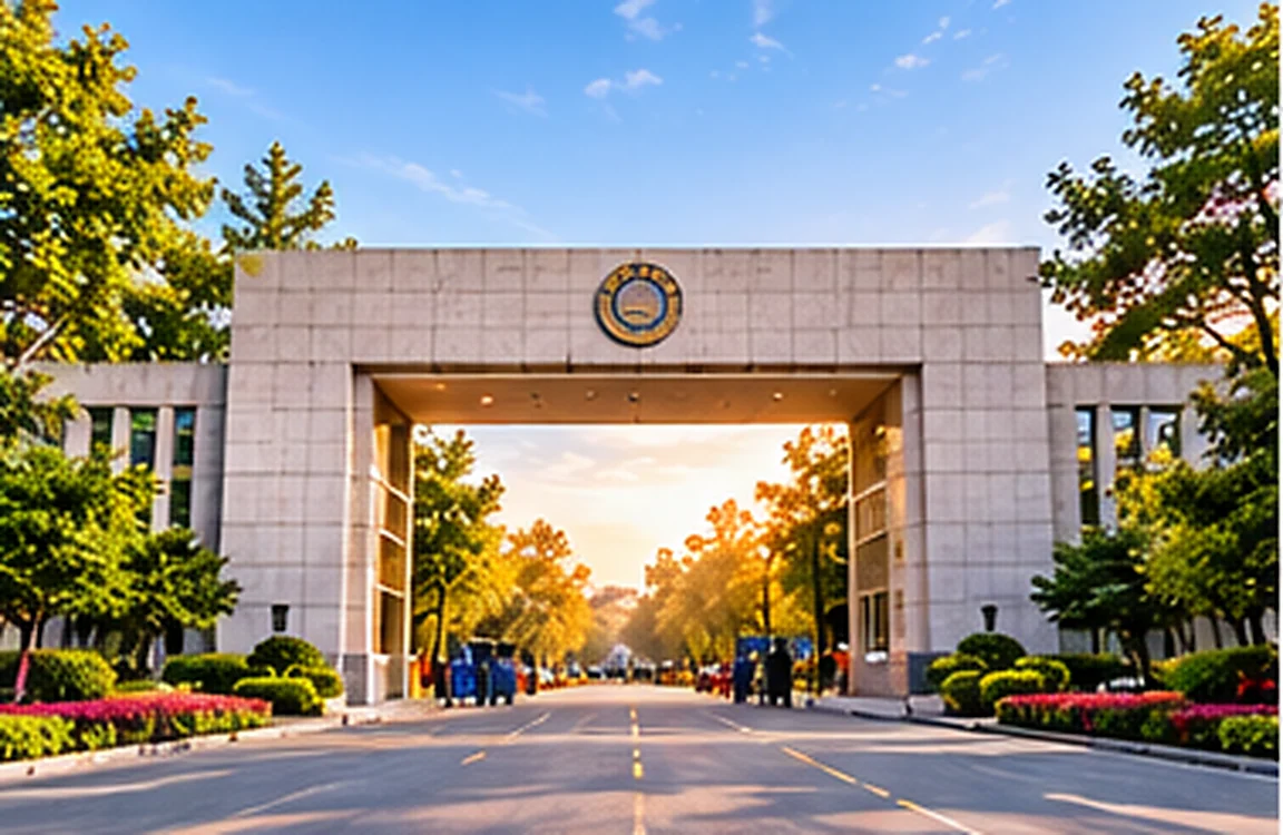 Illustrated university entrance and tree-lined avenue