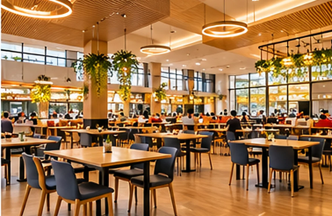 Modern campus dining hall with seating